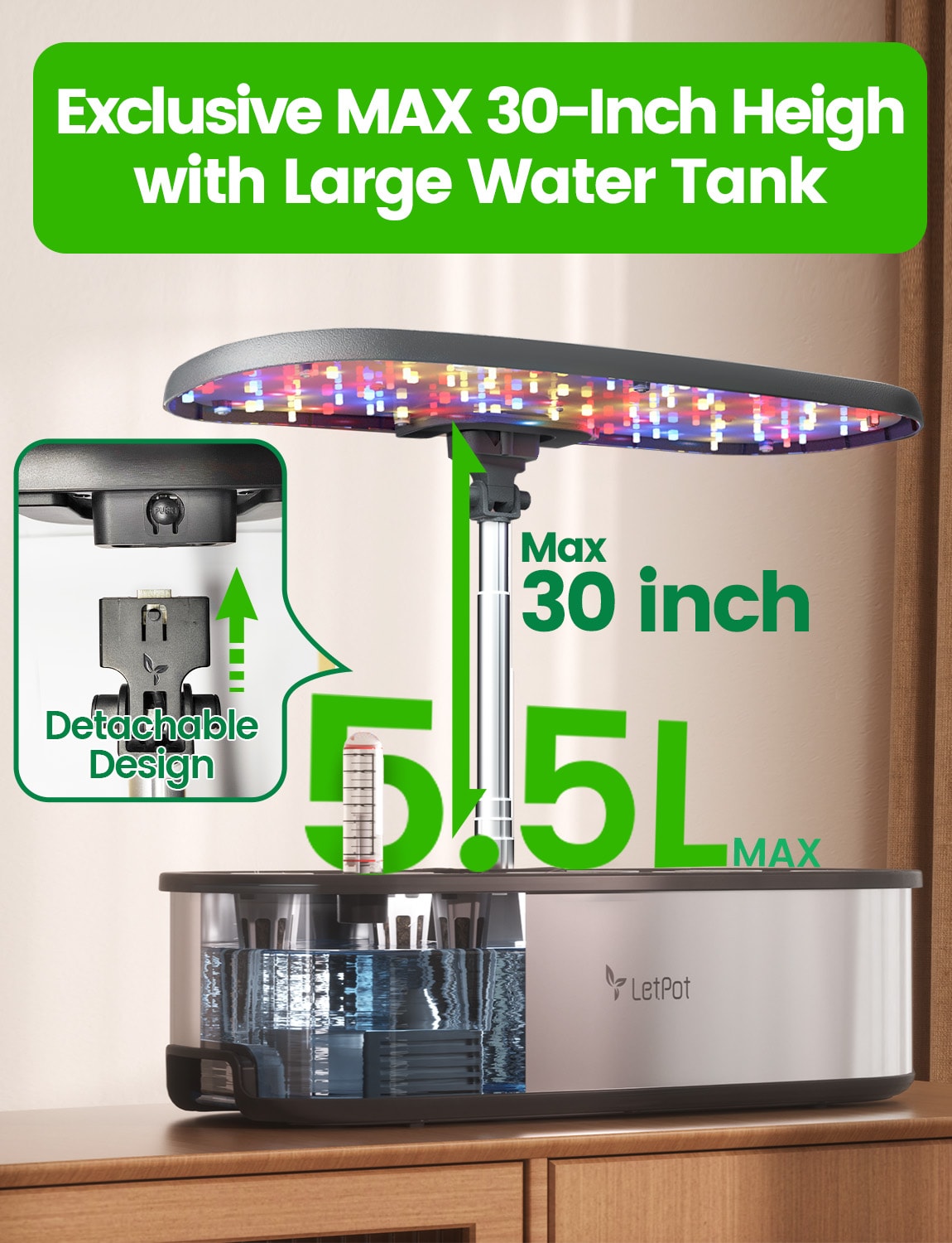 Tanque 5.5L y altura máxima 30 pulgadas