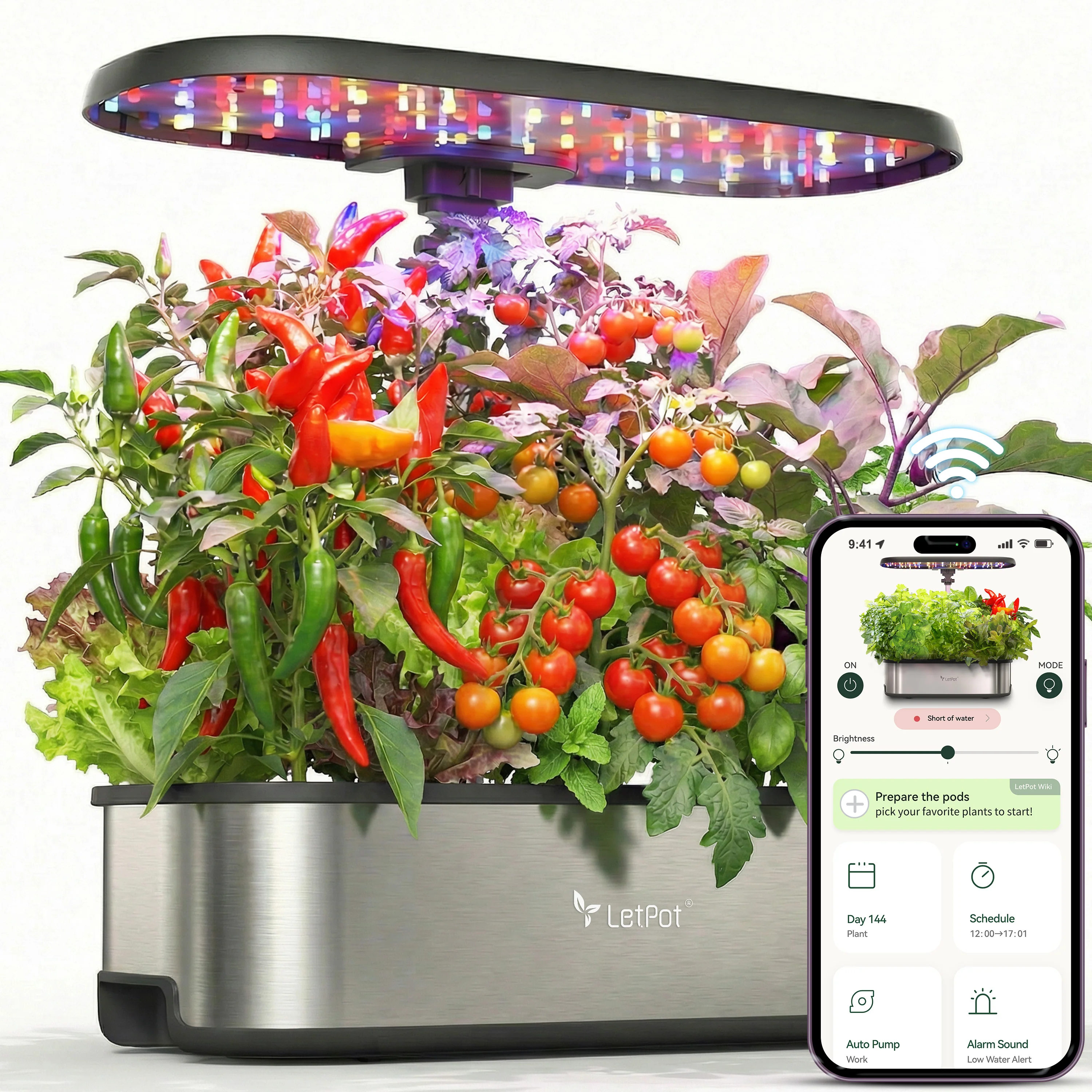 Sistema hidropónico LetPot Senior con plantas y control mediante aplicación